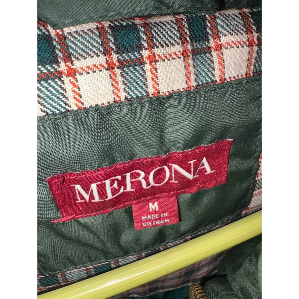 Merona Mens Olive Green Puffer Vest Quilted Full Zip Plaid Lined Size Medium